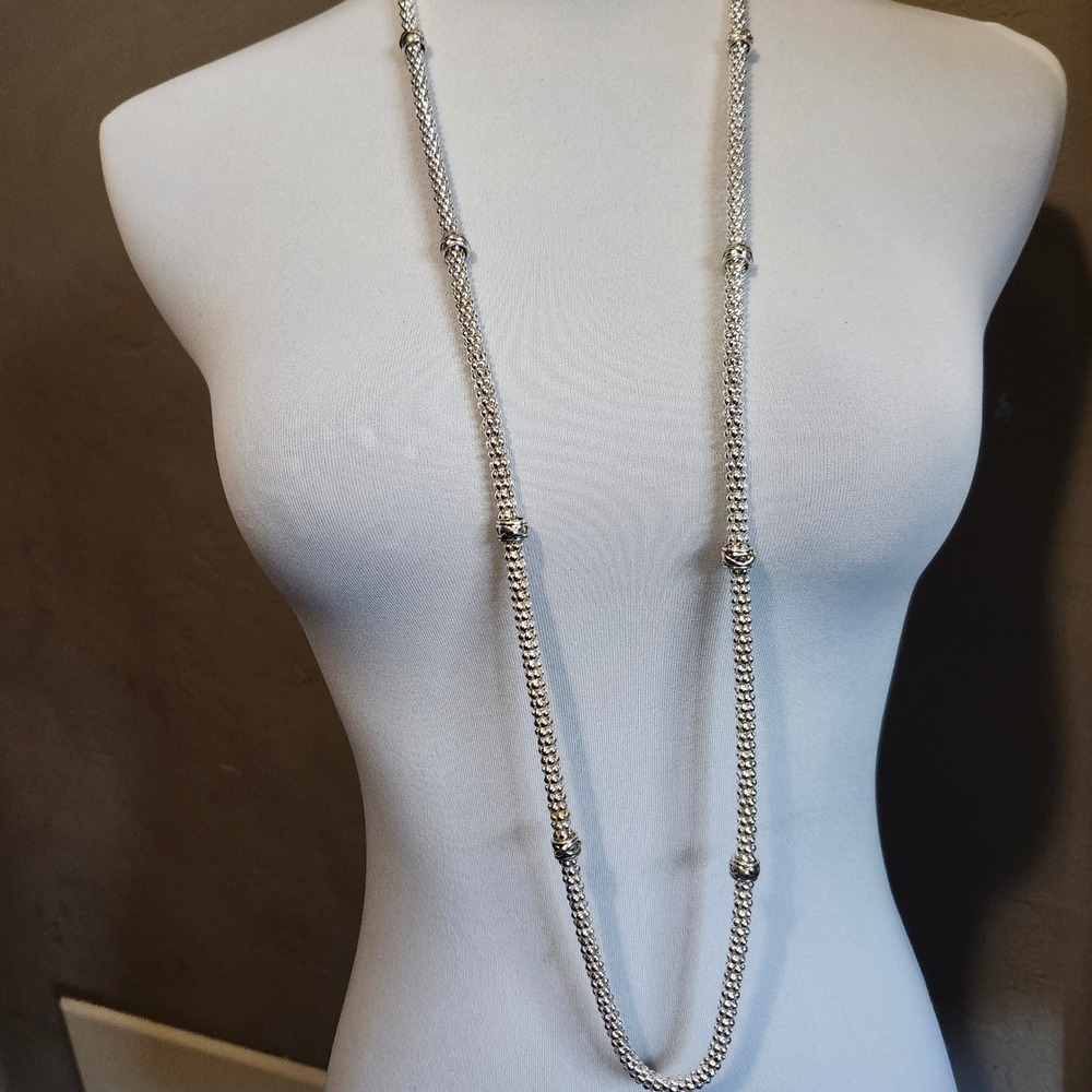 Long Silver Tone‎ Beaded Station Necklace Fashion Jewelry